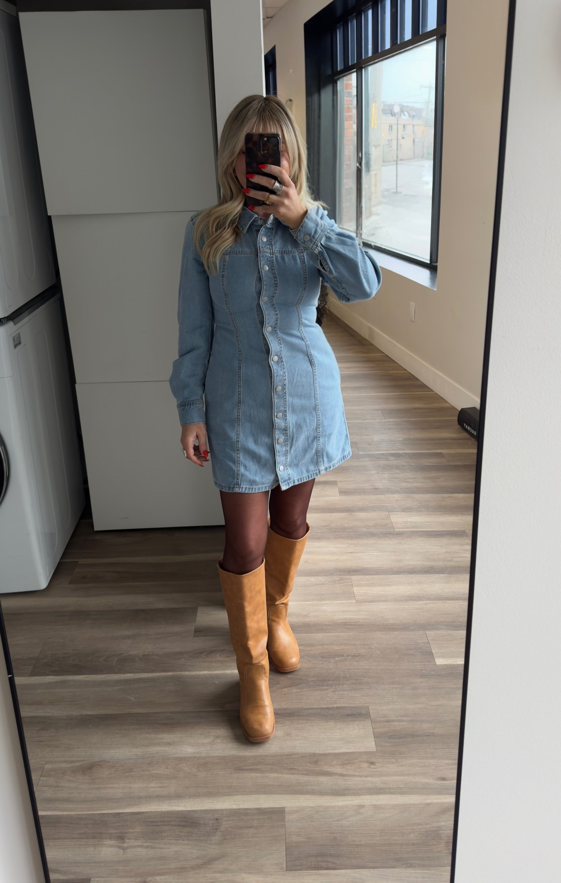Denim snap up dress with pockets size 4 
Brown stockings 
Boots size 7 

#LTKWorkwear #LTKSaleAlert #LTKootd