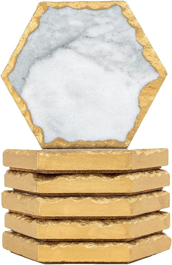 Dear Casa Gold Edge Coasters for Coffee Table (Hexagon) —Set of 6— Handcrafted Real Solid Whi... | Amazon (US)