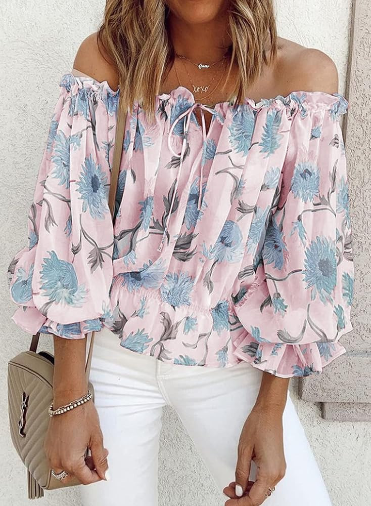 BLENCOT Women's 3/4 Ruffle Sleeve Off Shoulder Chiffon Blouse Summer Floral Print Casual T Shirts | Amazon (US)