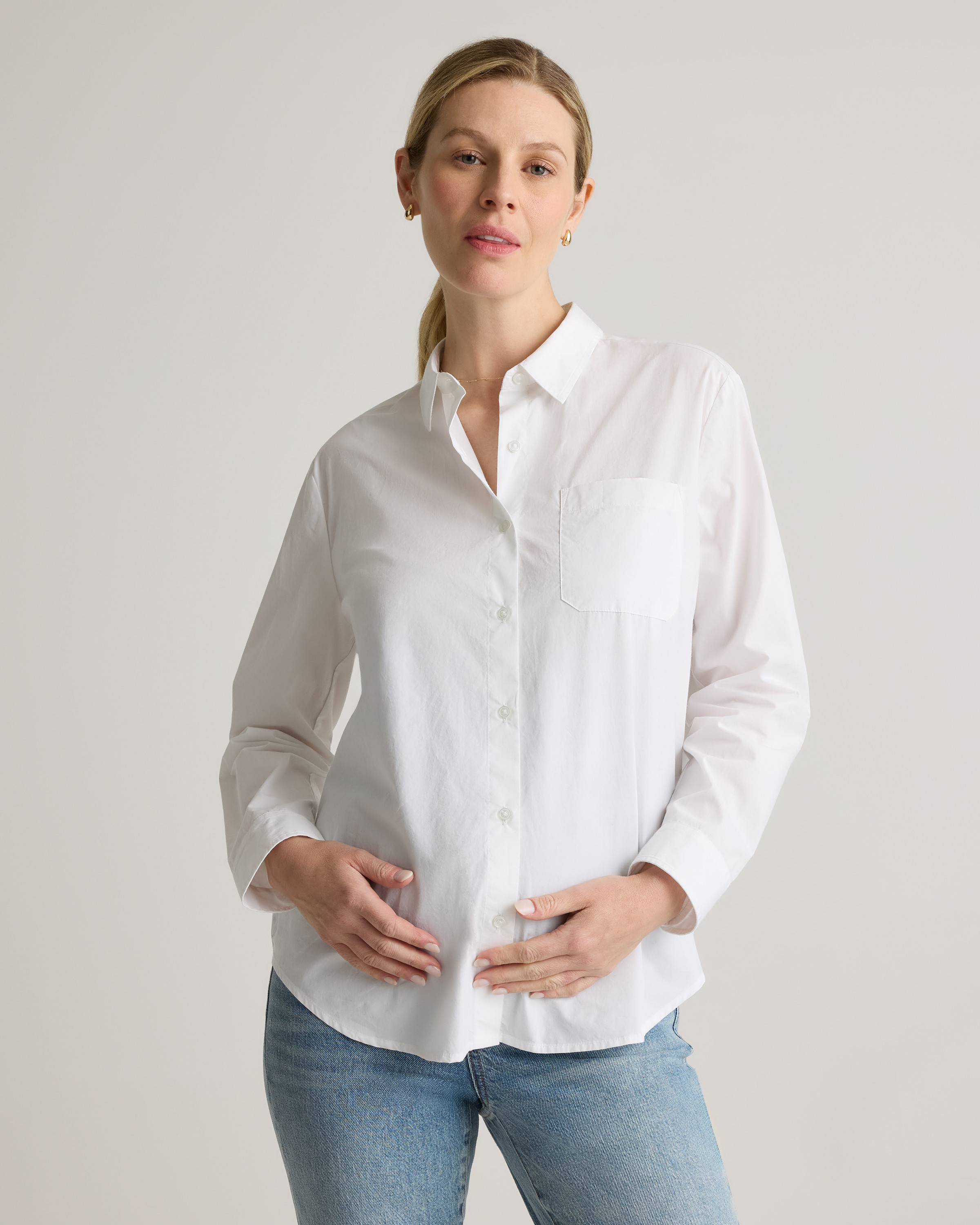 Quince | Women's Poplin Maternity Long Sleeve Shirt in Classic White, Size Medium, Organic Cotton | Quince
