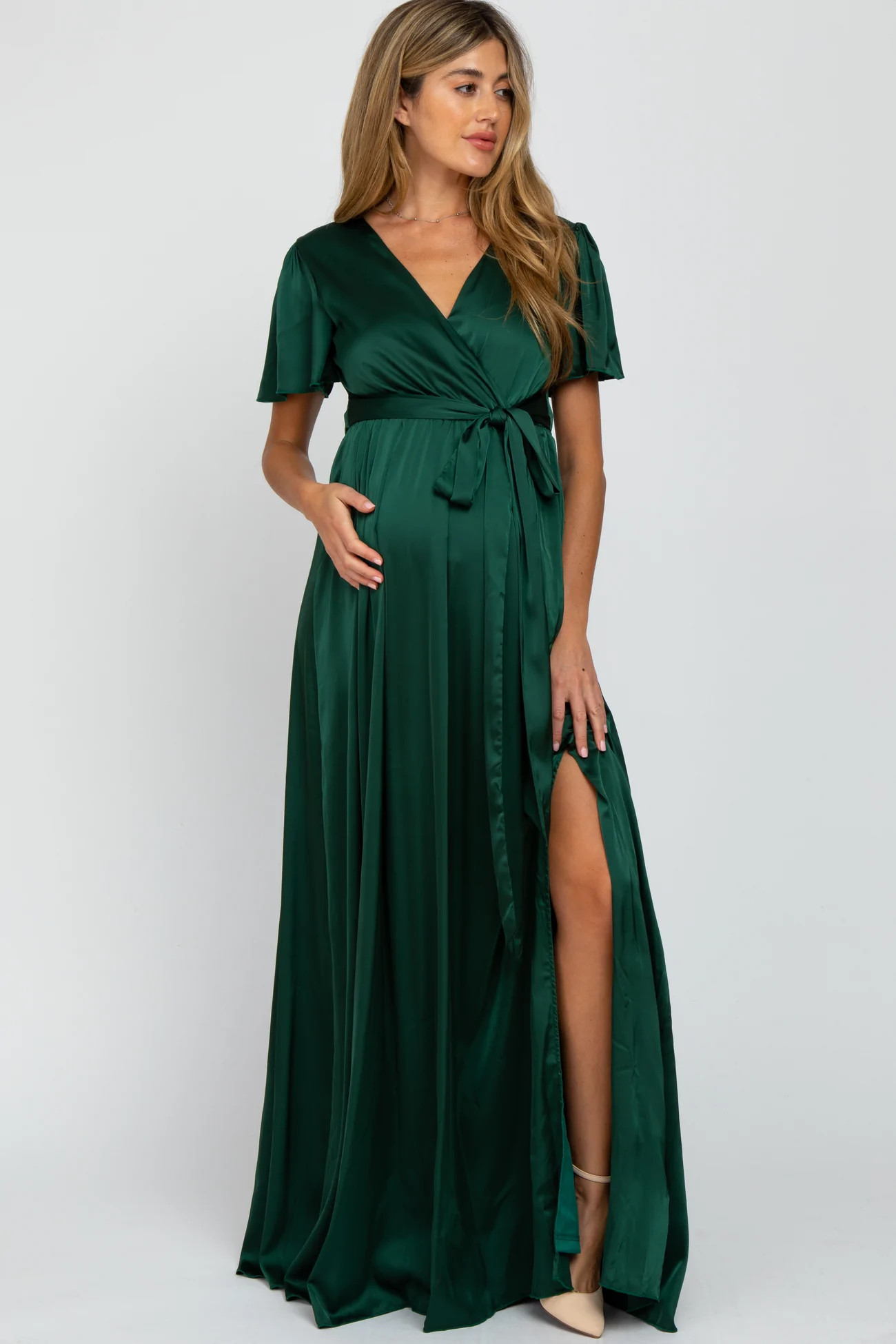 Green Side Slit Satin Maternity Maxi Dress | PinkBlush Maternity