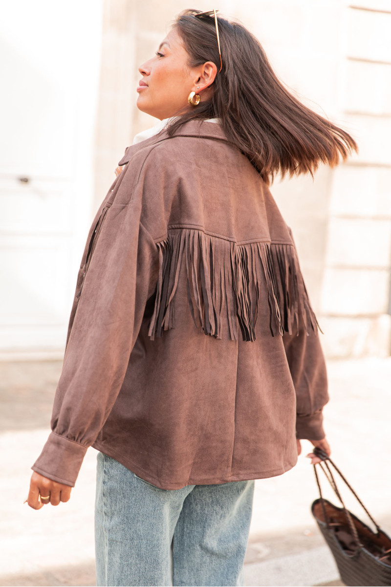 GIULIA Chocolat - Surchemise Franges suédine femme veste | Pretty Wire