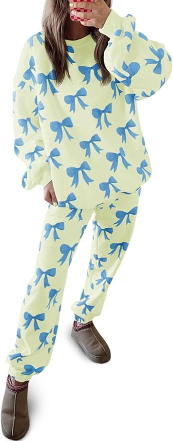 Tankaneo Womens 2 Piece Outfits Sweatsuit Bows Printed Casual Long Sleeve Oversized Sweatshirt an... | Amazon (US)