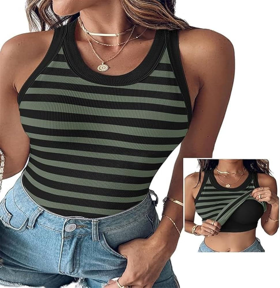 Chic-Me Tank Top with Bra, Chic-Me Tank Top with Built in Bra, Round Neck Ribbed Tank Top with Br... | Amazon (US)