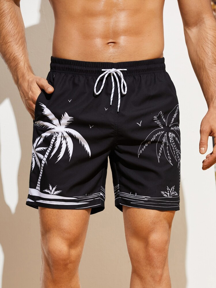 Men Palm Tree Print Drawstring Waist Swim Trunks | SHEIN