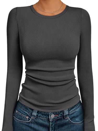 AUTOMET Womens Long Sleeve Shirts Tops Blouses Fall Fashion Ribbed Knit Casual Tshirts Trendy Cute Workout Clothes Charcoal M | Amazon (US)