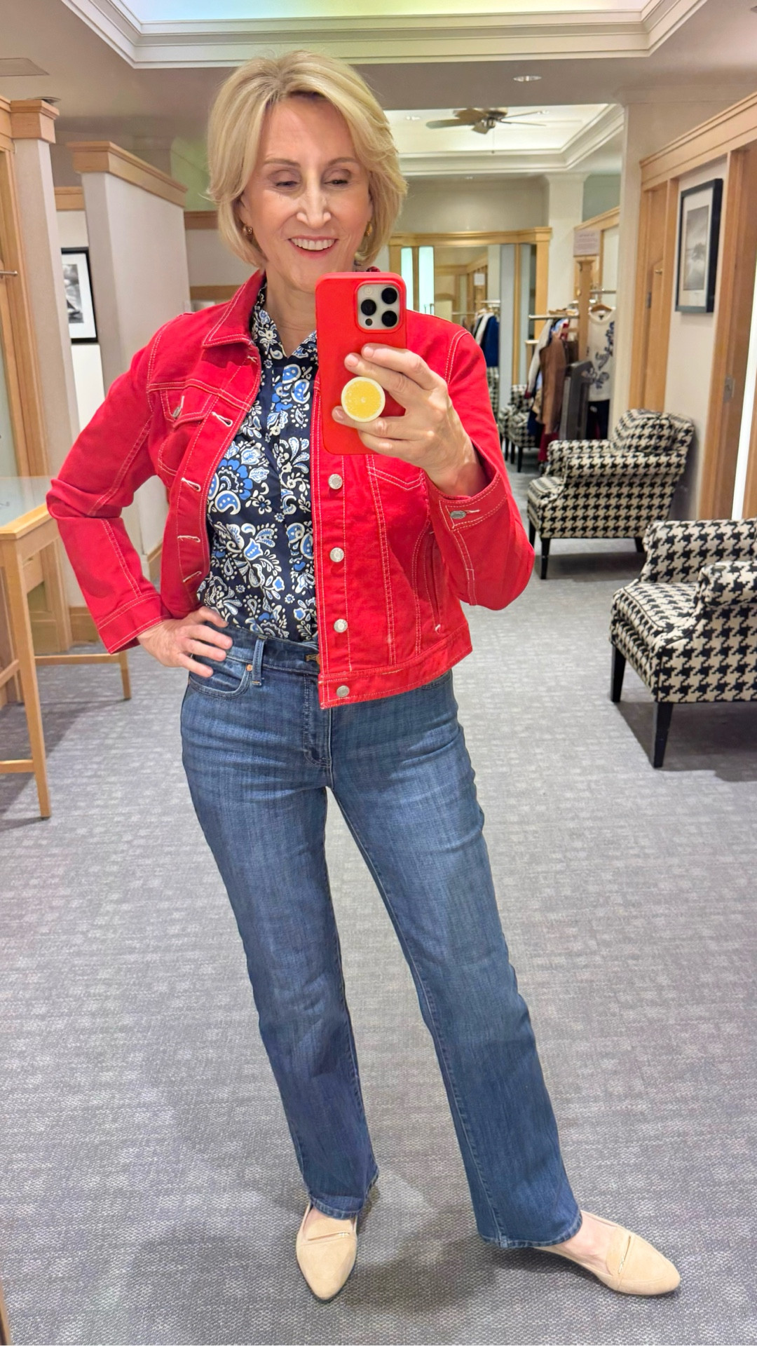 Feeling a little playful with layers today 💙✨ This patterned shirt peeking out from a red jean jacket is giving me all the fun, effortless vibes—especially paired with classic denim and my go-to ballet flats. This whole look is from @Talbots 

Comfortable, put-together, and just the right amount of color for an easy everyday look ❤️👖

#LTKSeasonal #LTKootd #LTKOver40