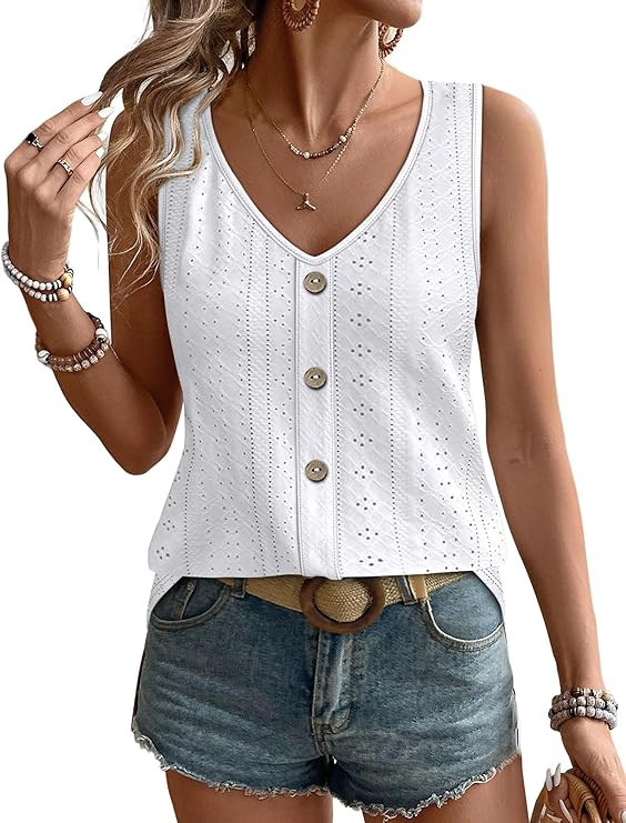 WIHOLL Womens Tank Tops Loose Casual Summer Tops Eyelet V Neck Basic Sleeveless Shirts Trendy 202... | Amazon (US)