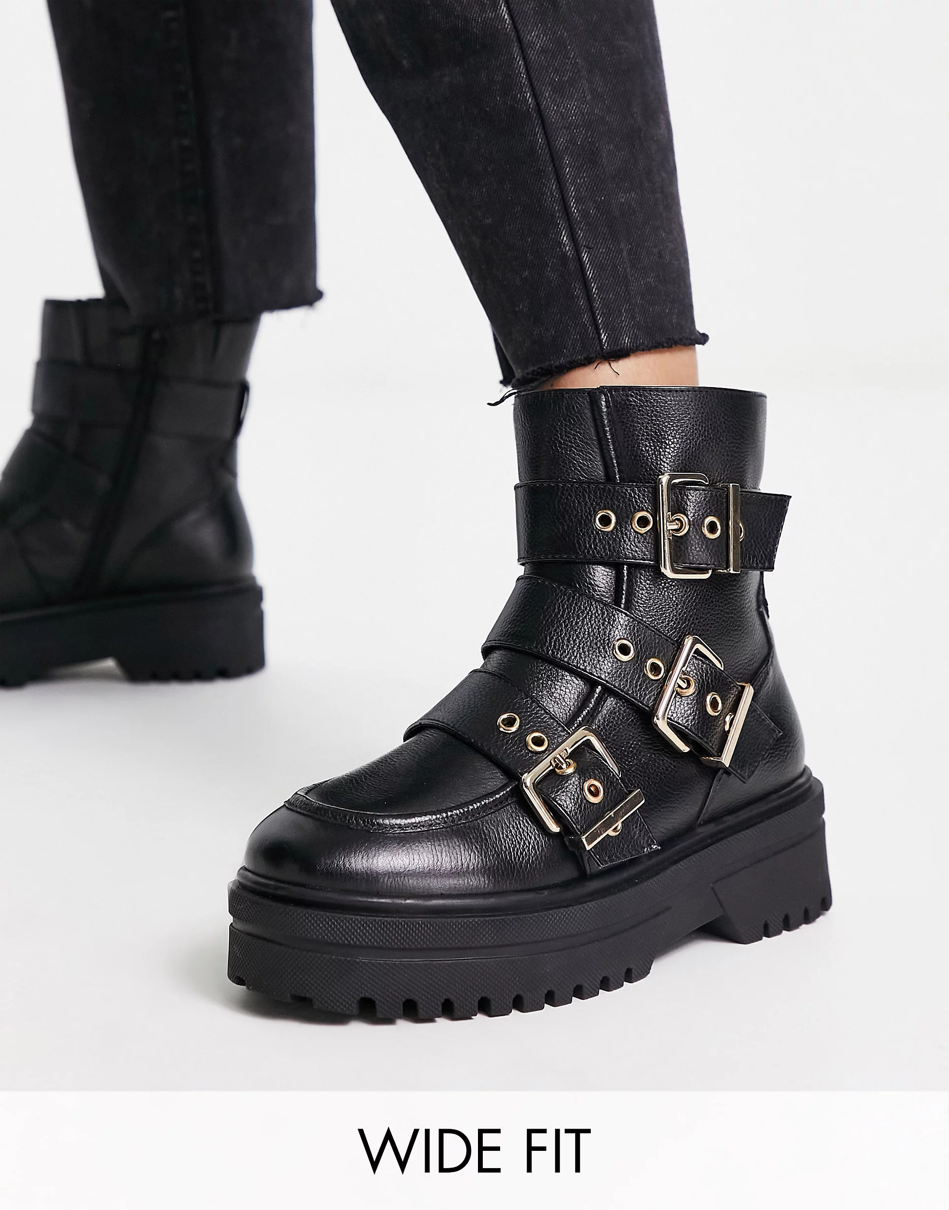 Simply Be Extra Wide Fit leather flat ankle boots with buckle strap detail in black | ASOS (Global)