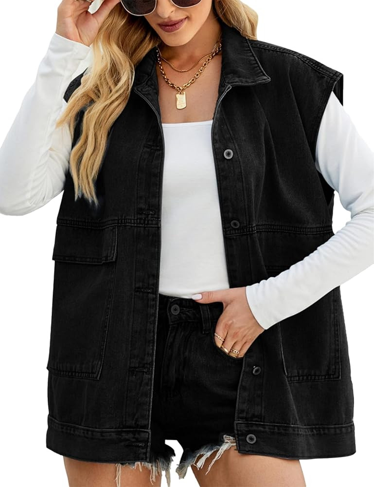 Zontroldy Denim Jean Vest for Women Oversized Sleeveless Button Down Denim Jean Vest Waistcoat Sh... | Amazon (US)