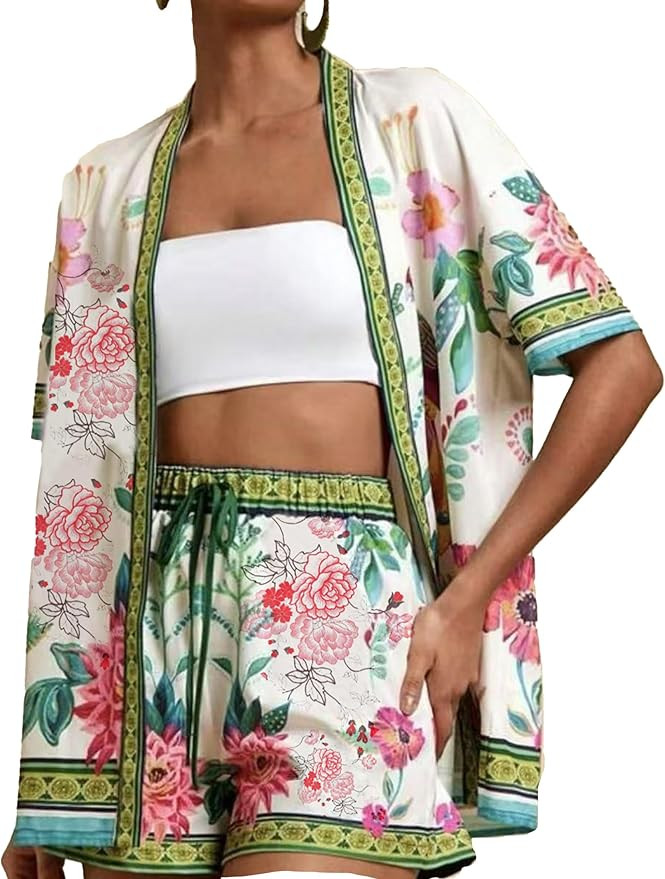 Women Boho Tropical Print Beach Cover Up Shorts Set 2 Piece Summer Lounge Outfit Lightweight Swim... | Amazon (US)
