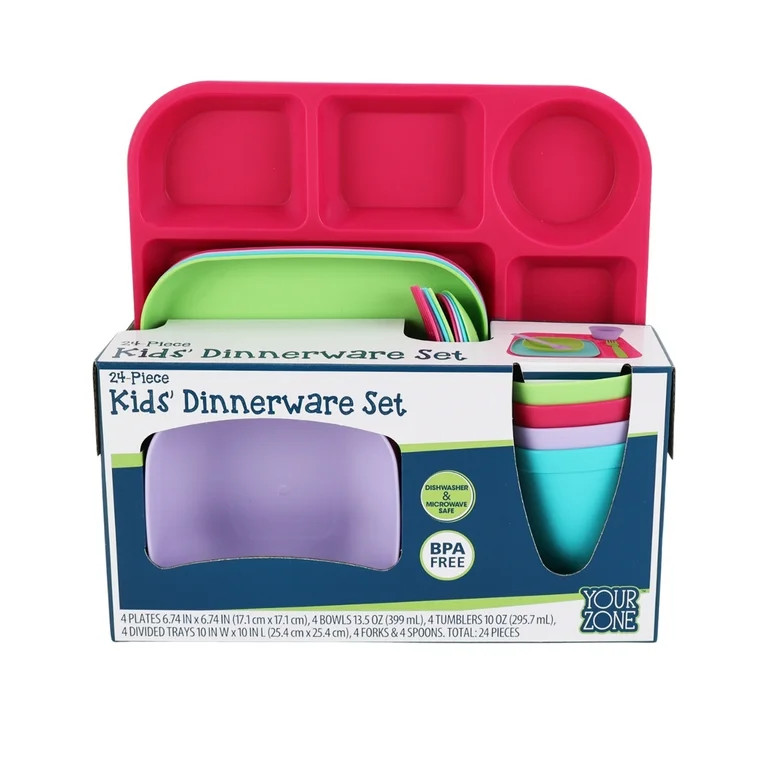 Your Zone Kids Dinnerware Set, 24-Piece Plastic Plates, Bowls, Cups & Utensils, Multicolor | Walmart (US)