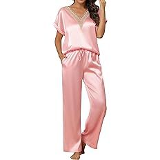 Ekouaer Womens Silk Pajamas Set Satin Pjs with Long Pants Short Sleeve Sleepwear Guipure V Neck L... | Amazon (US)