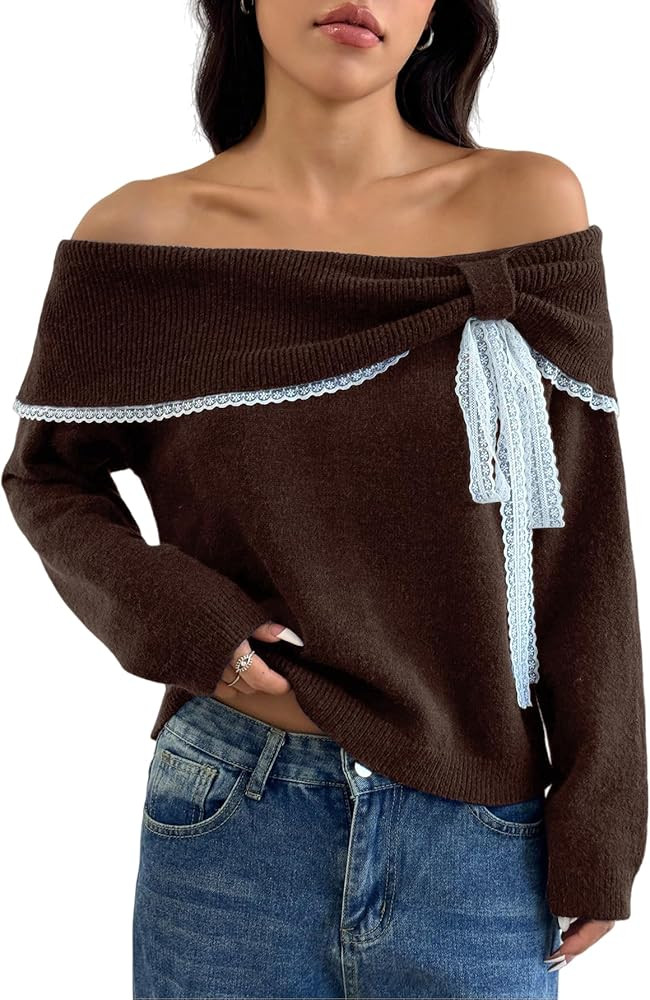 Off The Shoulder Sweater for Women Cute Long Sleeve Sexy Lace Bow Tie Knit Cropped Pullover Sweat... | Amazon (US)