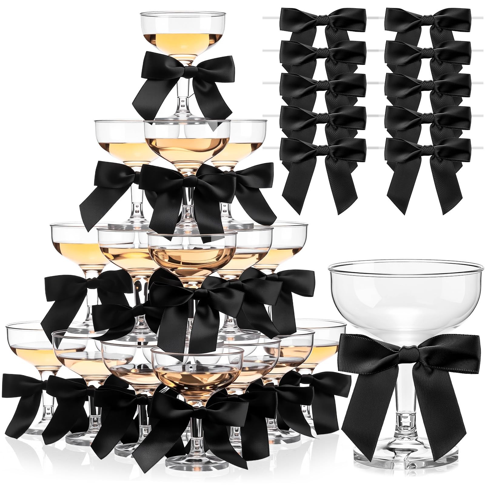 Zopeal 30 Set Champagne Coupe Cocktail Glasses 5 oz with Satin Ribbon Black Bow 3.5 Inch Plastic ... | Amazon (US)