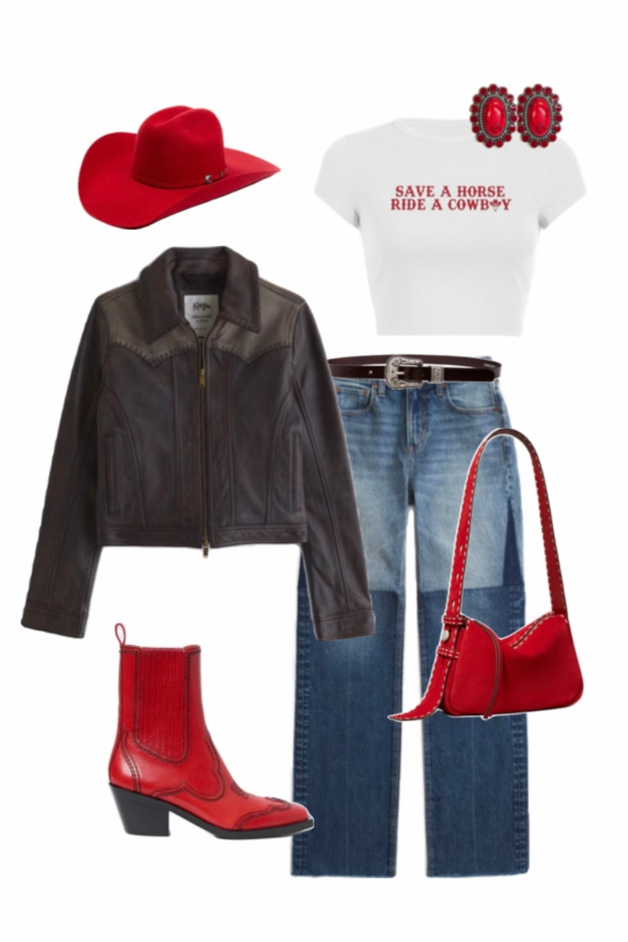 Western red outfit — cowgirl vibe 🤠

western outfit, cowgirl outfit, red western outfit, cowboy boots outfit, red cowboy boots, western graphic tee, save a horse ride a cowboy shirt, western jacket outfit, leather jacket western look, western denim outfit, straight leg jeans outfit, western accessories, cowgirl style outfit, country concert outfit, Nashville outfit ideas, western fashion women, rodeo outfit inspo