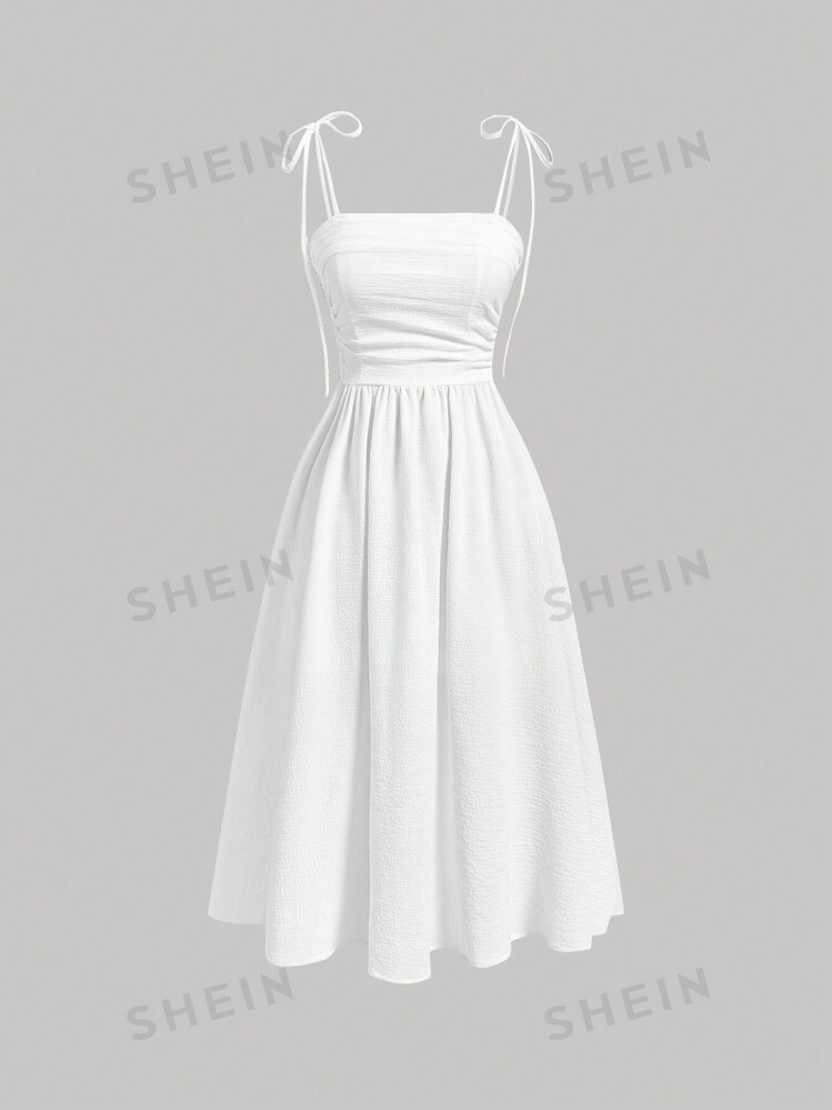 SHEIN MOD Women's Summer Solid Color Pleated Shoulder & Knotted Strap Dress | SHEIN USA | SHEIN