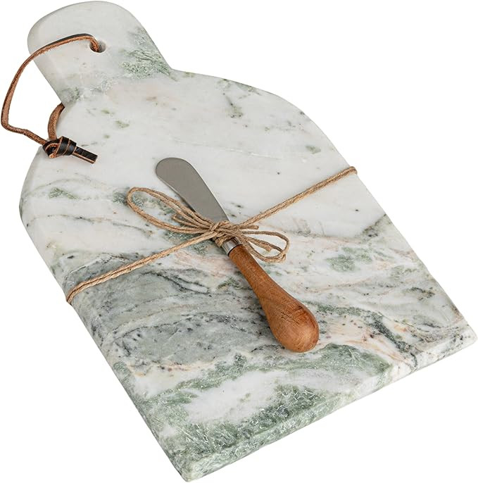 Creative Co-Op Marble and Wood Cutting Board with Knife, Natural and Green | Amazon (US)