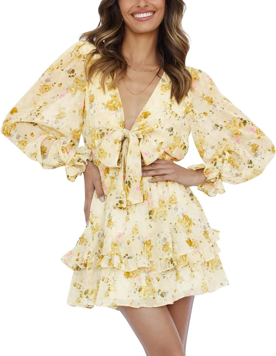 SySea Women's Sexy V Neck Tie Front Leopard Ruffle Long Sleeve Flowy Summer Mini Dress | Amazon (US)