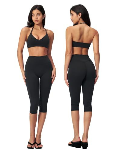 2 Piece Workout Sets for Women Open Back Halter Sports Bras Matching High Waist Tummy Control Capri Pants Womens Two Piece Athletic Set V Neck Gym Wear Active Yoga Pilates Outfits Black S | Amazon (US)