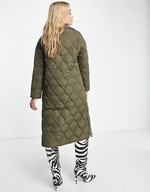 4th & Reckless quilted longline coat in khaki | ASOS (Global)