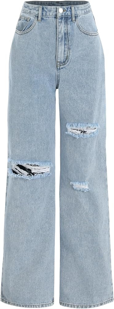High Waisted Jeans for Women Ripped Jeans Womens Wide Leg Jeans for Women Denim Basic Ripped Jean... | Amazon (US)