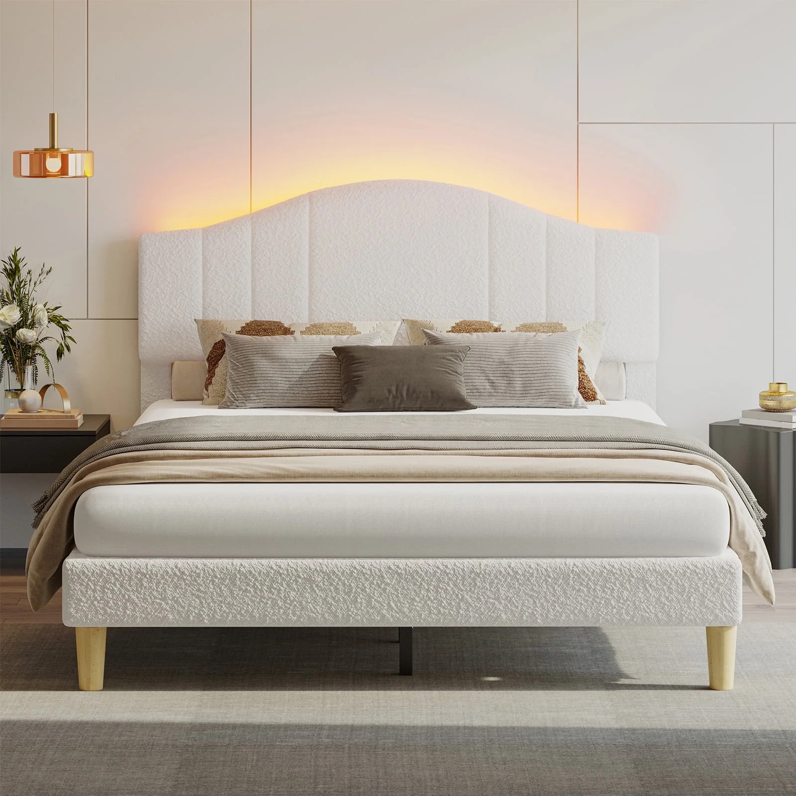 Pinmoco Full Upholstered Bed Frame with Adjustable Arc-shaped Headboard, LED Platform Bed, White ... | Walmart (US)