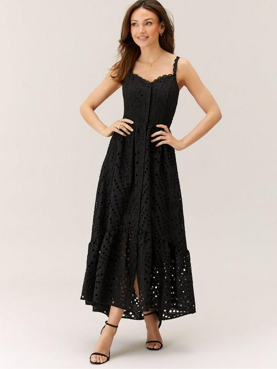 Michelle Keegan Premium Broderie Midi Dress - Black | Very (UK)
