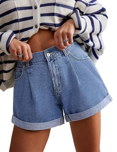 SEASEESI Jean Shorts Womens High Waisted Casual Cuffed Denim Shorts Non-Stretch Jorts 2026 Summer Trendy with Pocket（Light Bluen Small） | Amazon (US)