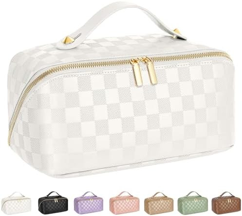 Large Capacity Travel Cosmetic Bag - Portable Makeup Bags for Women Waterproof PU Leather Checker... | Amazon (US)