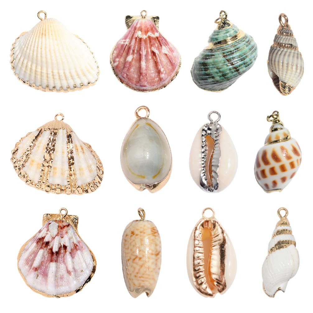 Happyyami Keychain Necklace 12pcs Natural Pendant Gold Plated Cowrie Spiral Conch Shells Charm Be... | Amazon (US)