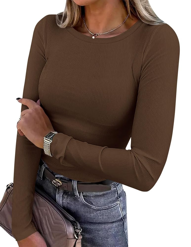 PRETTYGARDEN Women 2025 Fall Clothes Long Sleeve Shirts Ribbed Knit Fitted Basic Tee Going Out To... | Amazon (US)