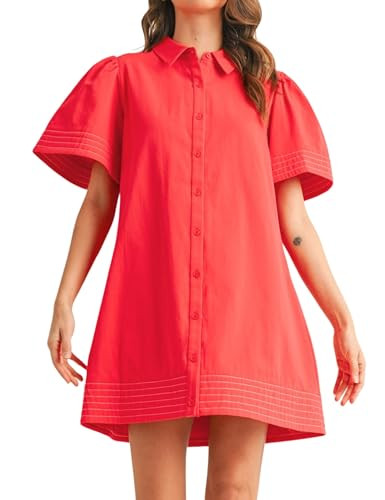 Womens Short Sleeve Button Down Mini Shirt Dress Lapel Collar Short Dresses with Pocket | Amazon (US)