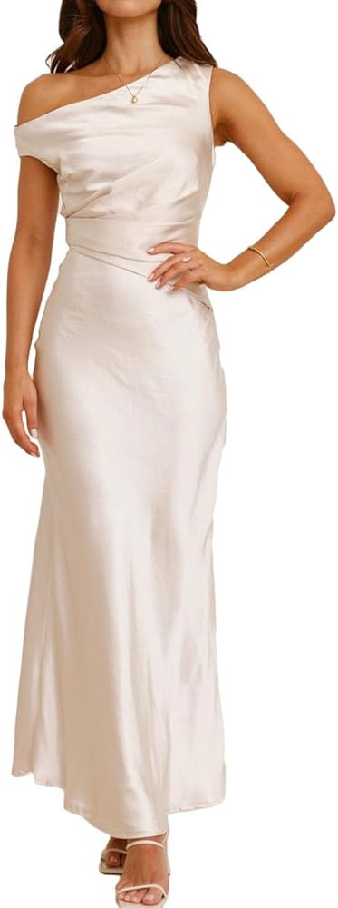 Women's Summer Elegant Satin Off Shoulder Sleeveless Maxi Dress Formal Cocktail Wedding Guest Lon... | Amazon (US)