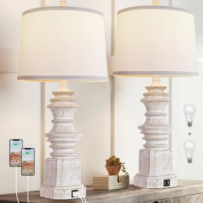 Farmhouse Table Lamps - Set of 2 with Dual USB Ports & 3 Color Modes - White Fabric Shade | Target