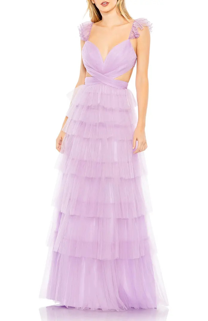 Sequin Trim Sheer Strap Crisscross Cutout Waist Tiered Ruffle Gown | Nordstrom