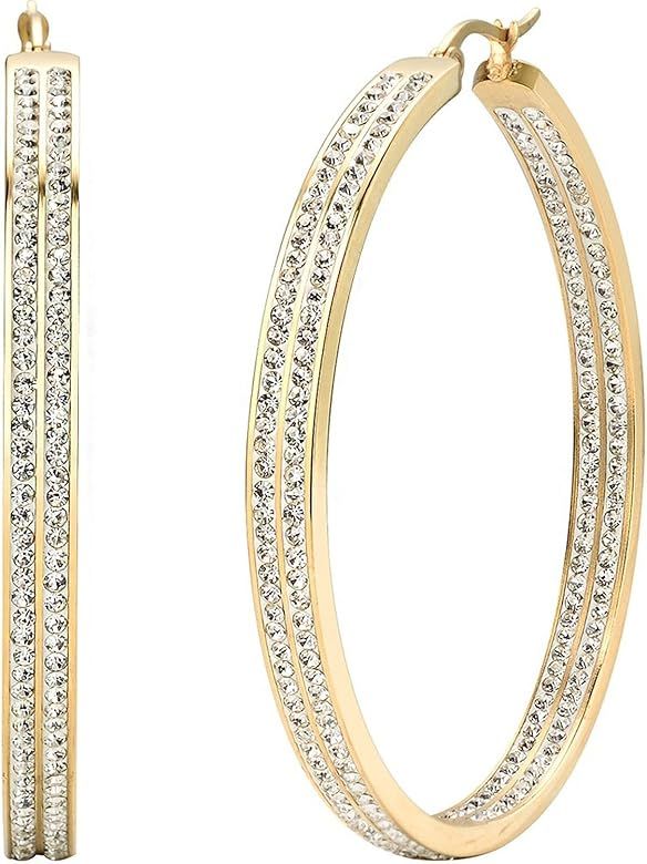 Jstyle Women's Stainless Steel Pierced Large Hoop Earrings with Rhinestone | Amazon (US)
