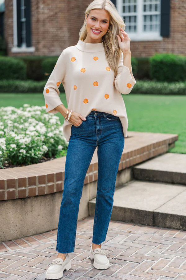 Fall Feels Forever Taupe Embroidered Pumpkins Sweater | The Mint Julep Boutique
