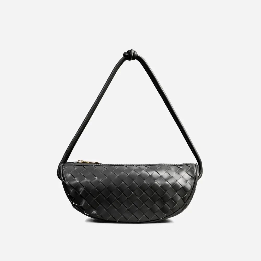 Ariel Woven Detail Half Moon Shaped Shoulder Bag In Black Faux Leather | Ego Shoes (UK)