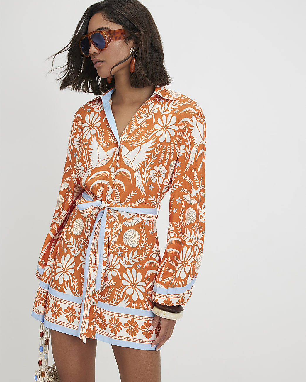 Orange Cotton Floral Print Belted Shirt Dress | River Island UK & IE