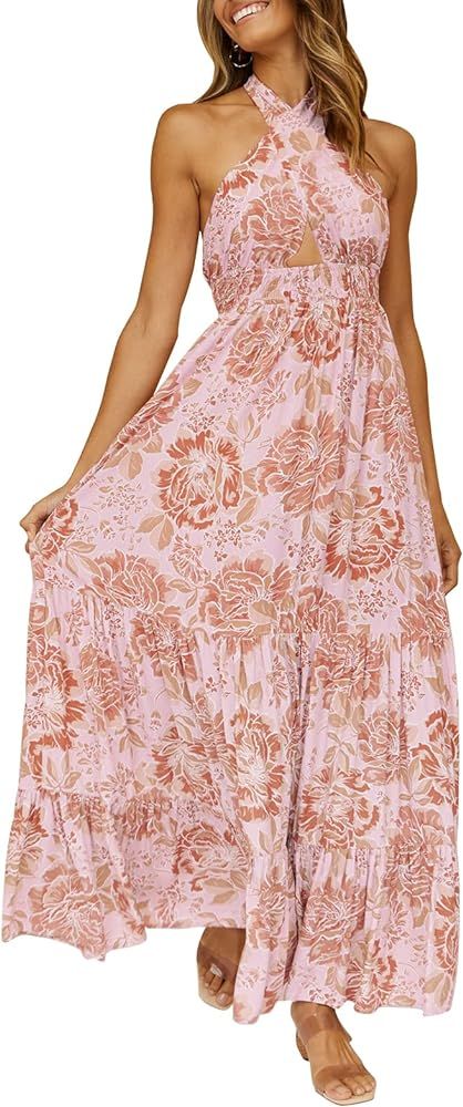 ZESICA Women's Summer Crossover Halter Neck Sleeveless Plaid Cut Out Backless Flowy A Line Maxi D... | Amazon (US)
