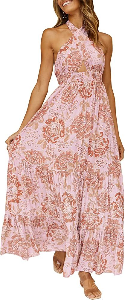 ZESICA Women's 2023 Summer Crossover Halter Neck Sleeveless Plaid Cut Out Backless Flowy A Line M... | Amazon (US)