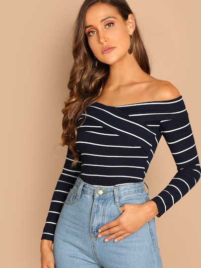 Cross Wrap Off Shoulder Striped Tee | SHEIN