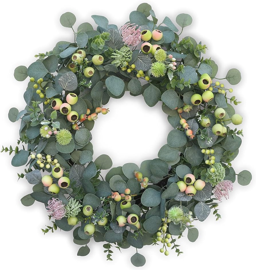 Wreath for Front Door 24 Inch Spring Summer Eucalyptus Wreath, with Handmade Large Berries, Small... | Amazon (US)