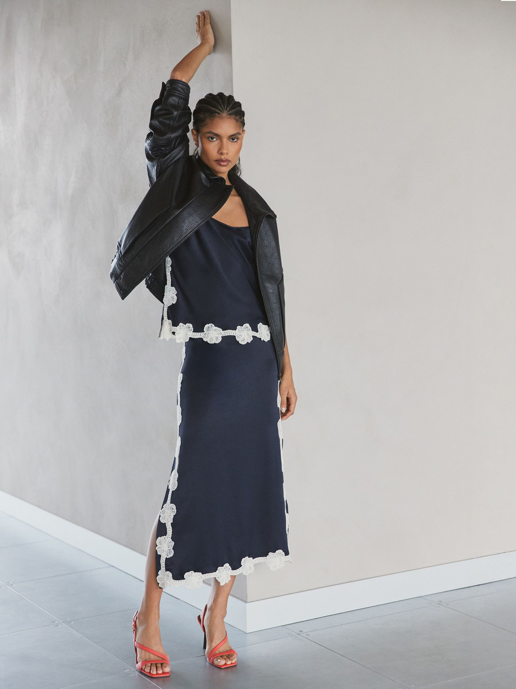 Reiss Satin Floral-Lace Trim Cami Top in Navy | REISS | Reiss DE