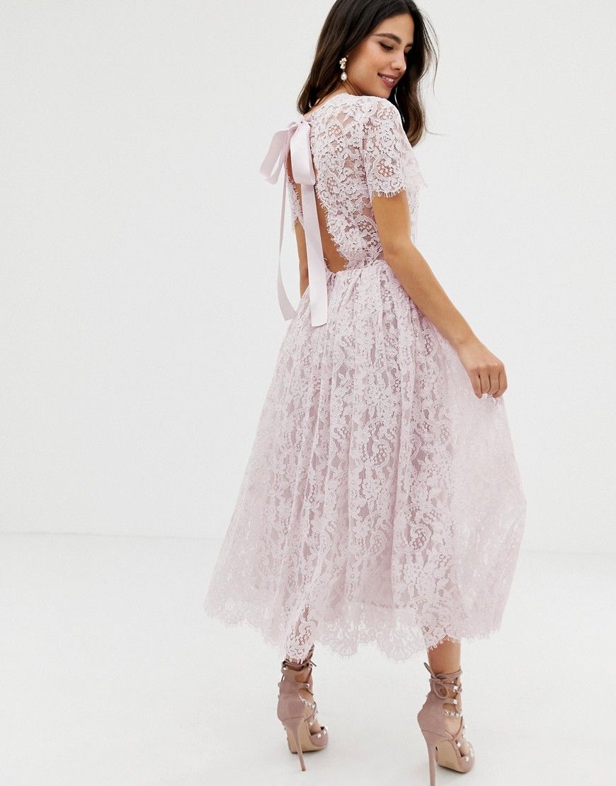 ASOS DESIGN lace midi dress with ribbon tie and open back - Pink | ASOS US