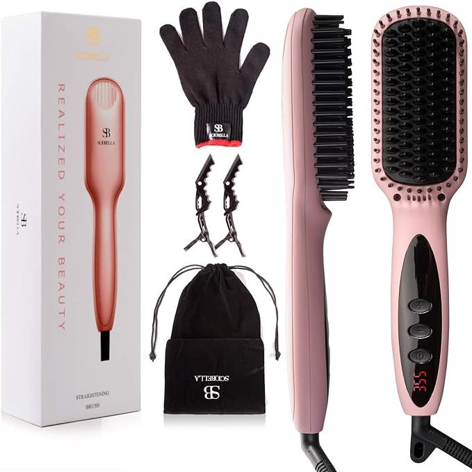 Hair Straightener Brush Hot Heated Straightening Hairbrush Heat Ceramic Brushes for Thick Hair Fa... | Amazon (US)