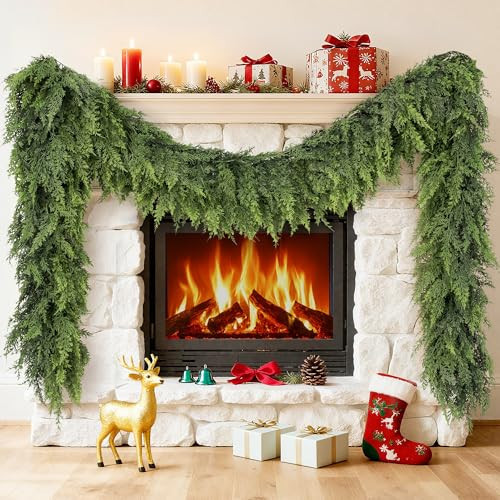 Cedar Garland 9FT Christmas Garland Real Touch Garland Artificial Realistic Greenery Cypress Pine Garlands for Mantle, Fireplace, Stairs,Table, Doorframe Vintage Outdoor Indoor Christmas Decorations | Amazon (US)