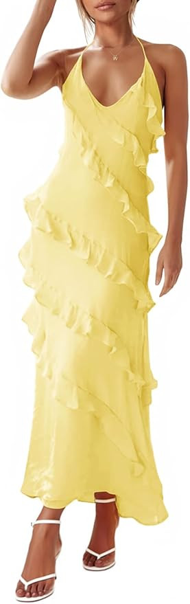 Wenrine Womens Sexy Chiffon Halter Maxi Dress Sleeveless Backless Ruffle Tassel Party Club Dresse... | Amazon (US)