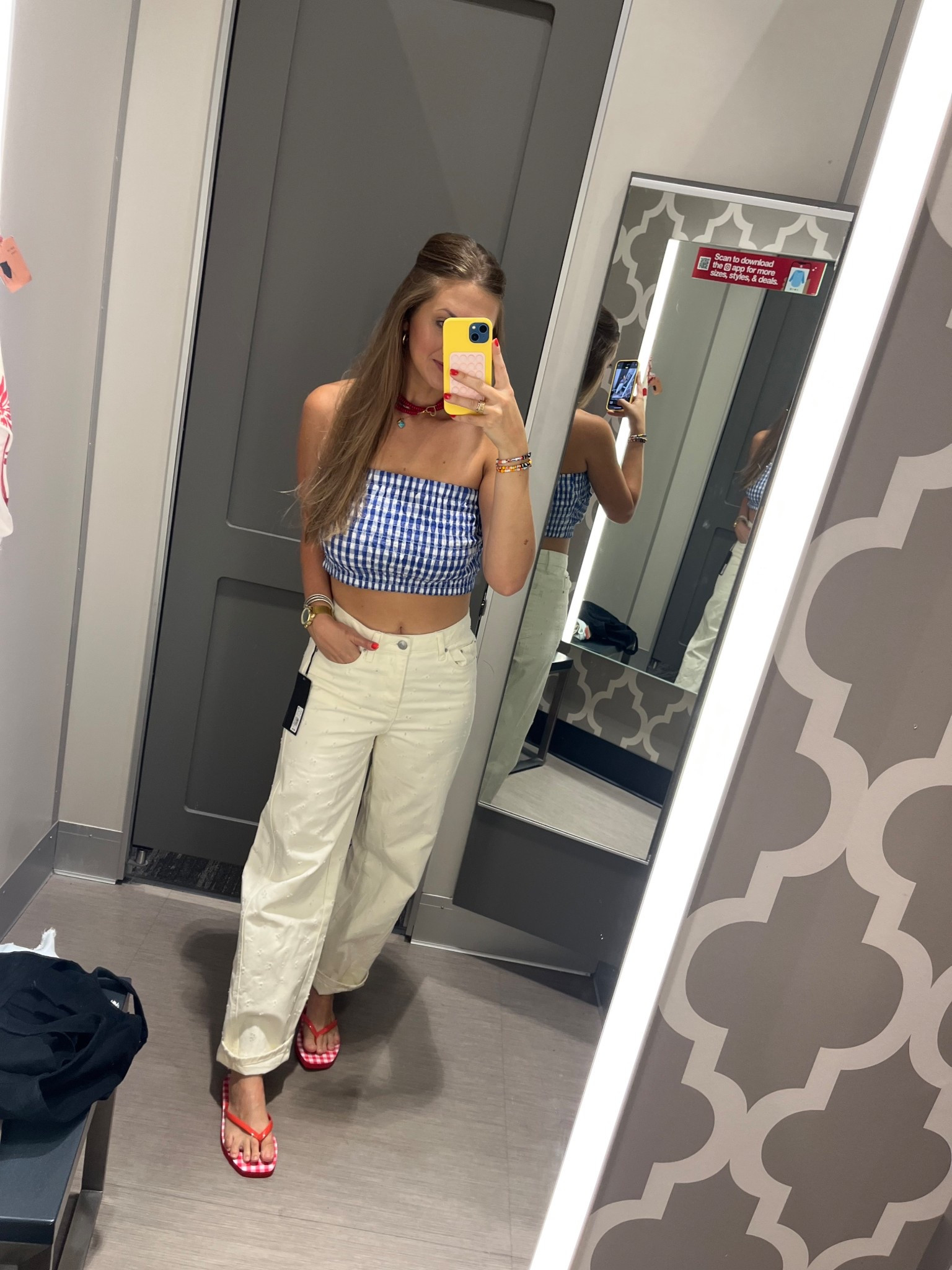 Target 4th of July fit option 
Blue and white gingham top: medium 
White barrel jeans: size 4 
Gingham flip flops: size 7 

#LTKSaleAlert #LTKStyleTip #LTKSeasonal